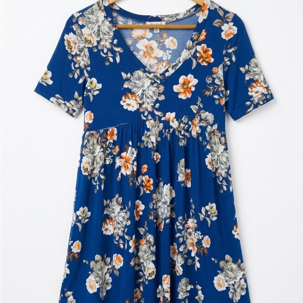 white birch Blue Floral V-Neck Dress with Orange Accents